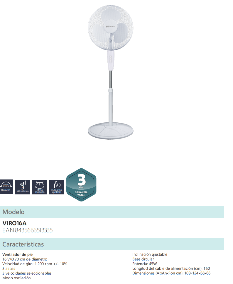 Especificaciones del Ventilador de Pie JOHNSON VIRO16A
